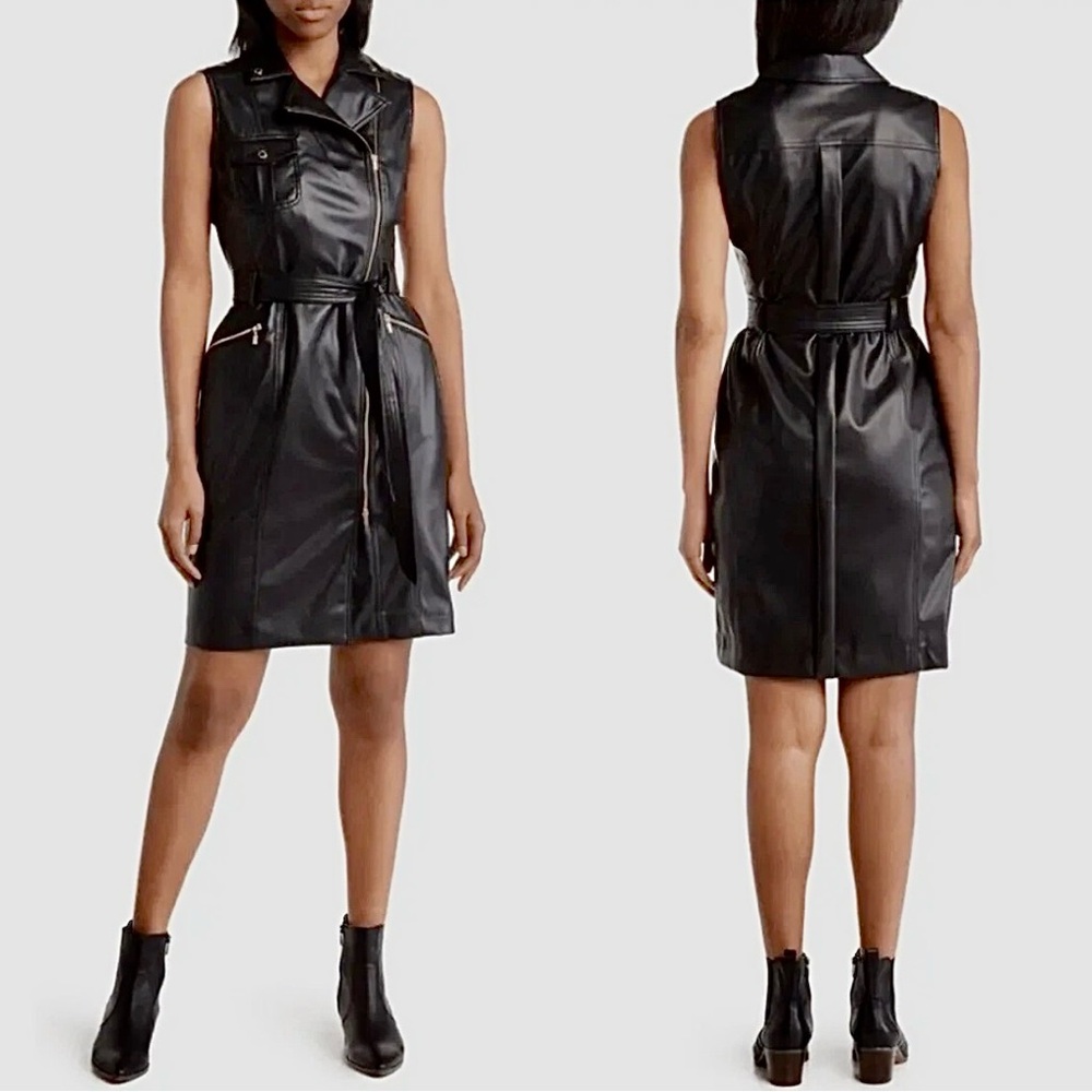 ✨️SALE✨️ CALVIN KLEIN Vegan Leather Belted Moto Dress NEW